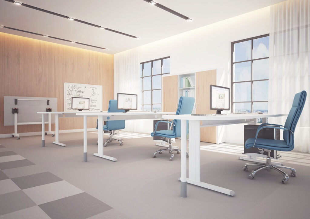 Nowoczesne biurko elektrycznie regulowane, umożliwiające płynną zmianę wysokości dla optymalnego komfortu pracy