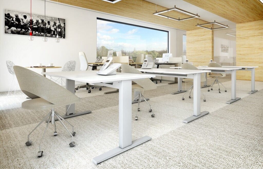 Białe stelaże do biurek z elektryczną regulacją