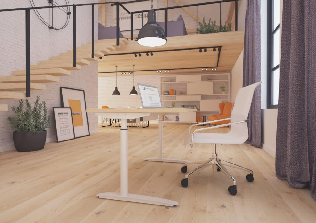 Biurko z regulowanym stelażem umożliwiające dostosowanie wysokości.