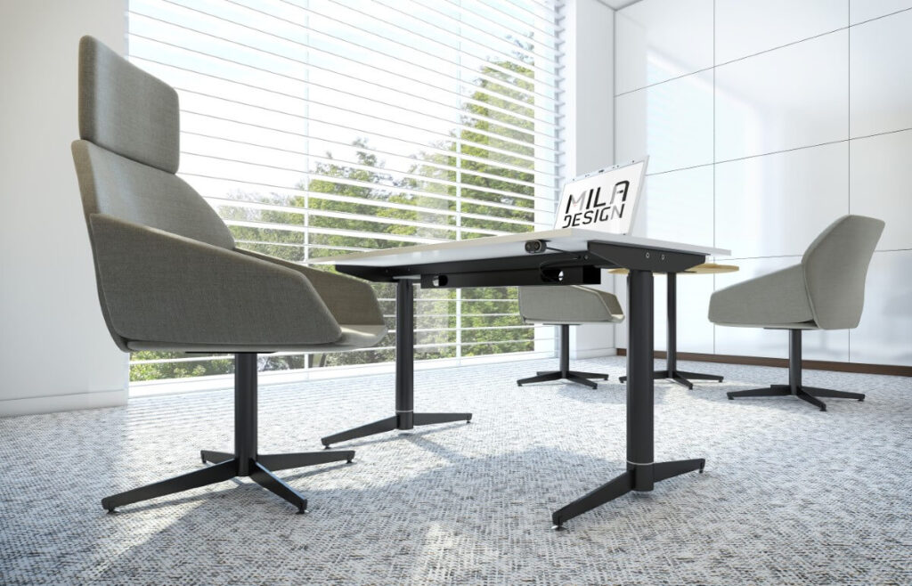 Elektryczne stelaże do biurek w przestronnym, nowoczesnym biurze z panoramicznymi oknami