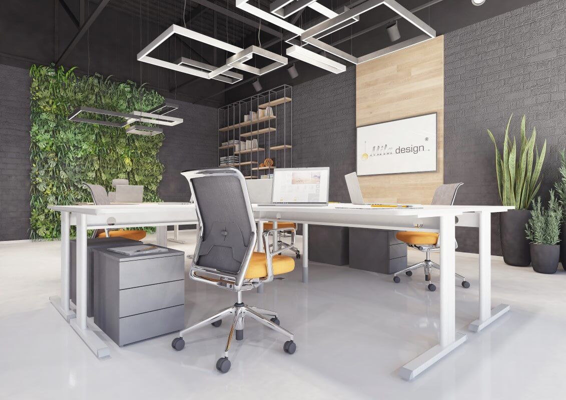 Nowoczesne biuro z biurkiem regulowanym elektrycznie, roślinami i designerskimi lampami.