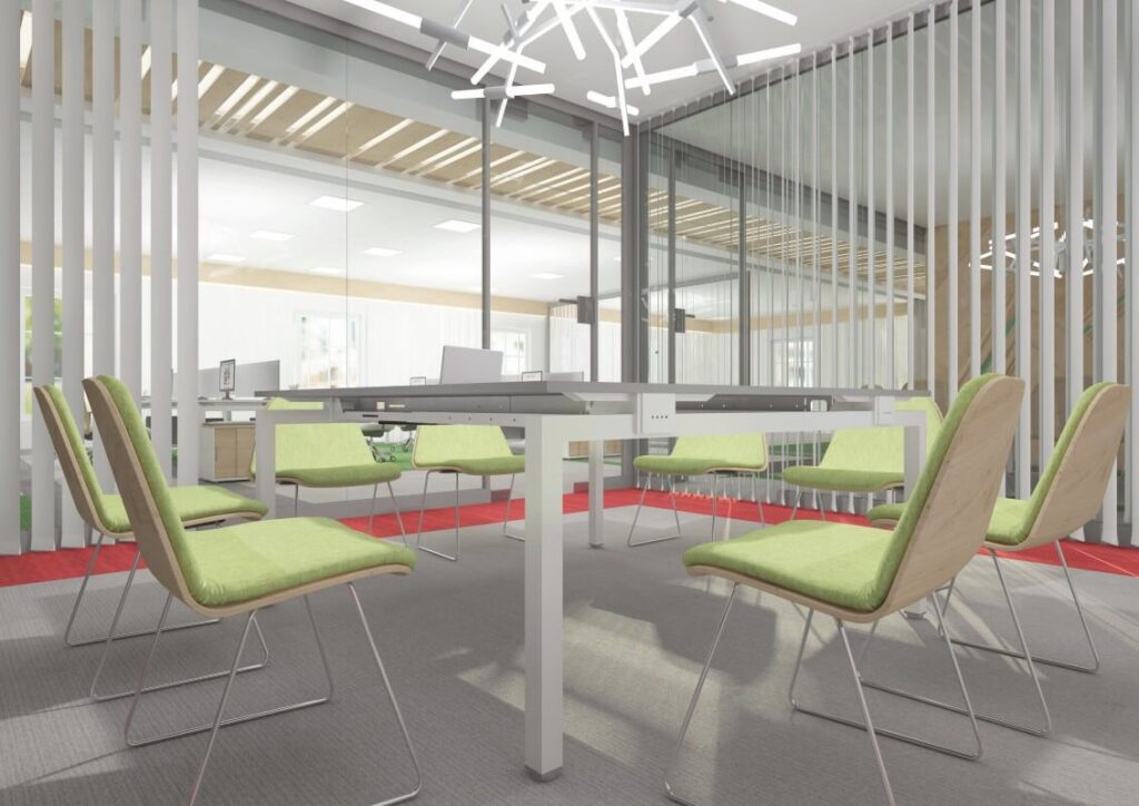 W nowoczesnej sali konferencyjnej znajduje się stelaż do stołu otoczony zielonymi krzesłami.