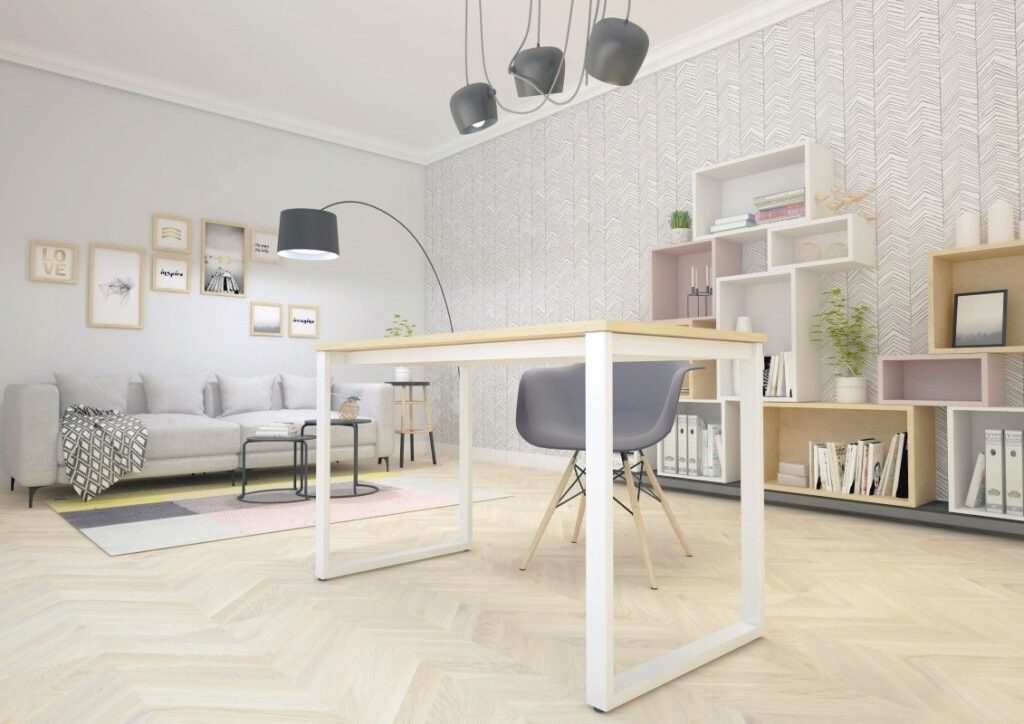 Nowoczesne wnętrze z biurkiem z regulowaną wysokością, otoczone stylowymi meblami i dekoracjami.
