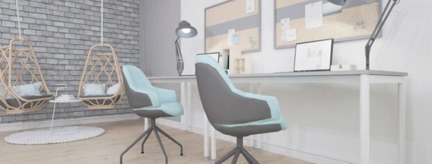 W nowoczesnym biurze znajdują się biurka regulowane oraz wygodne fotele obrotowe.