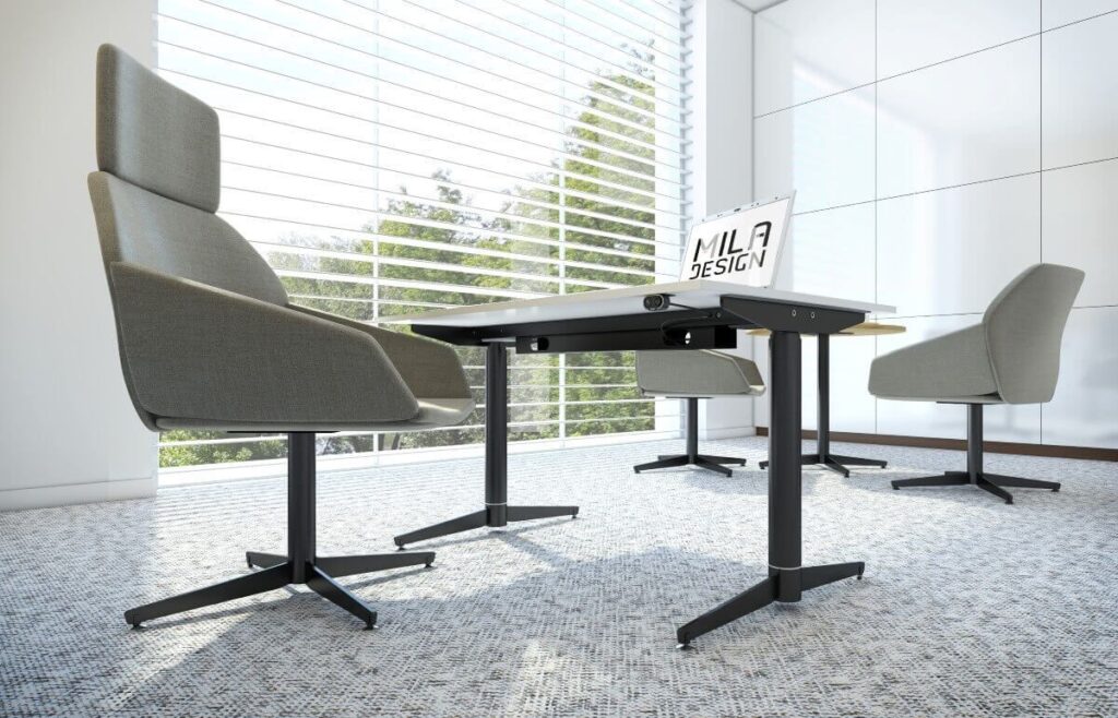 Biuro z nowoczesnym wystrojem, wyposażone w biurko z podnoszonym blatem i wygodne krzesła.