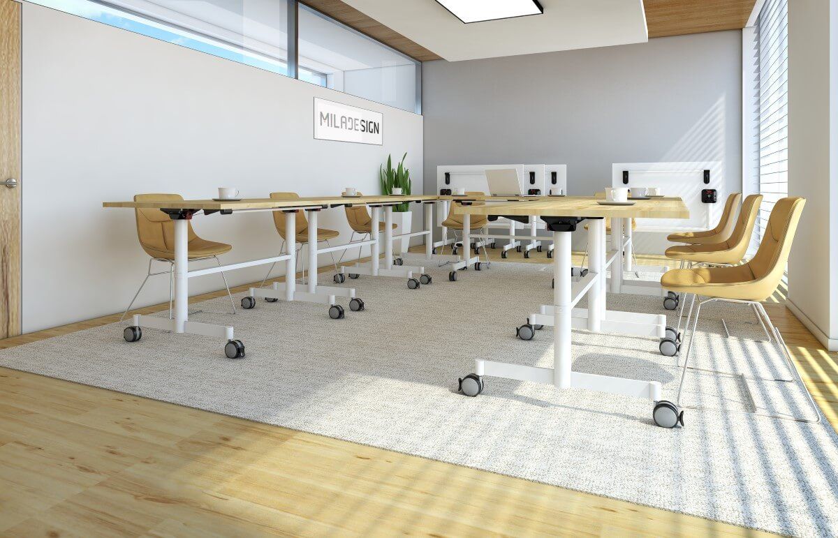 Nowoczesne biuro wyposażone w biurko regulowane elektrycznie oraz żółte krzesła.